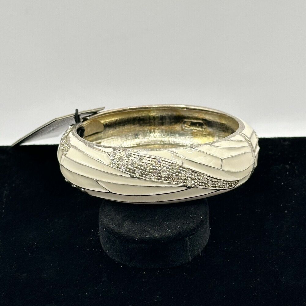 Sequin Nordstrom Ivory Rhinestone Gold Tone Statement Enamel Bangle Bracelet #65